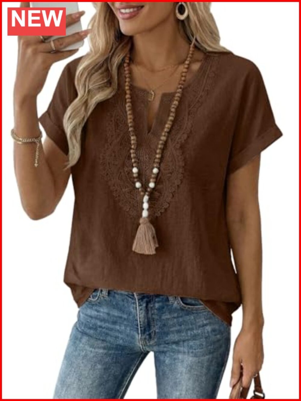 Crochet Boho Tops Notched V Neck Short Sleeve Loose Fit